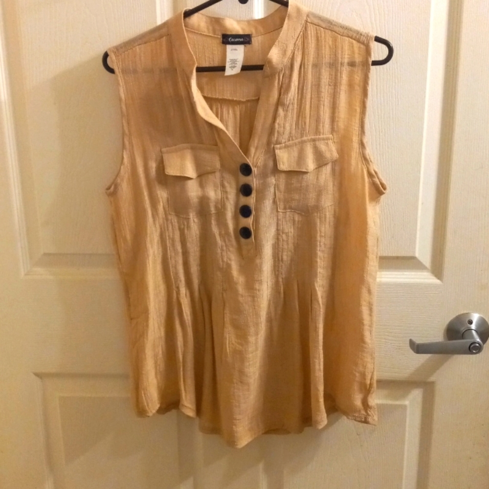 COCOMO XL Sleeeless Tan Sem-Sheer 2 Pockets Lightweight Casual EUC